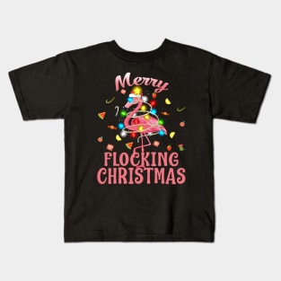 Merry Flocking Christmas Santa Flamingo Xmas Kids T-Shirt